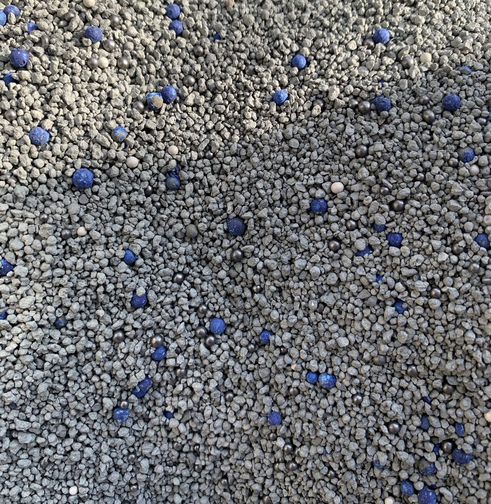 Blue Shield Blue Stone premium bentonite cat litter with blue particles, silver ion particles, and carbon crystal balls