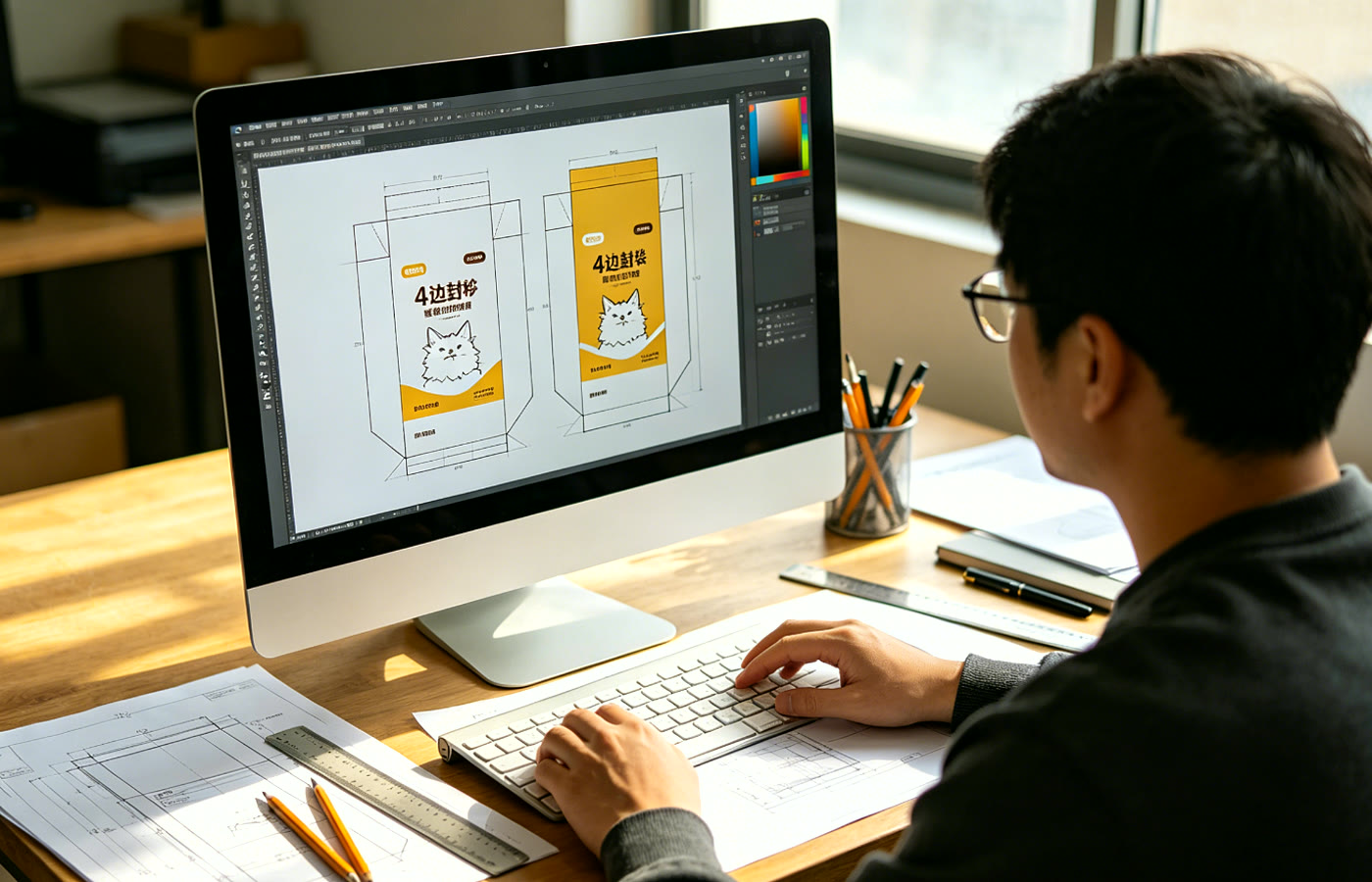 Designer creating private label cat litter packaging design